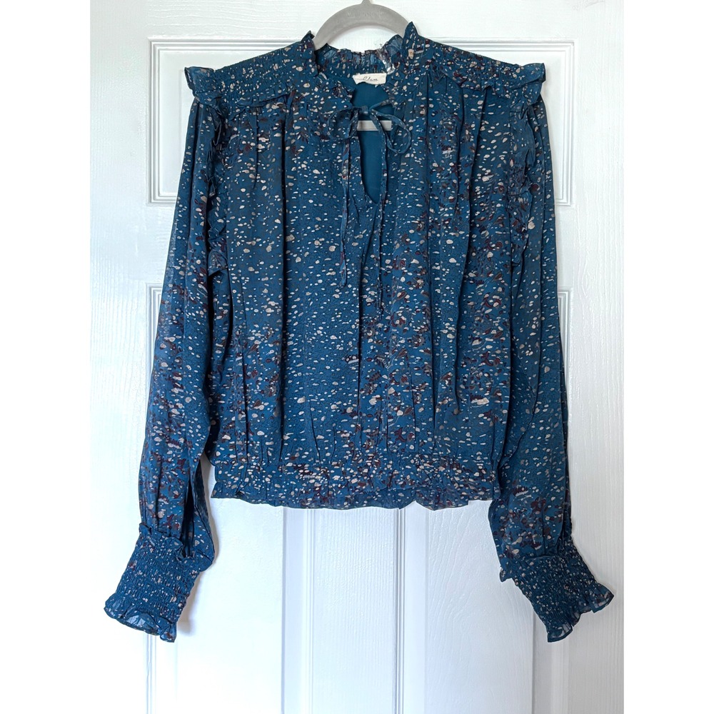 Elan Teal Blue Metallic Gold Floral Ruffle Neck Smocked Blouse XL